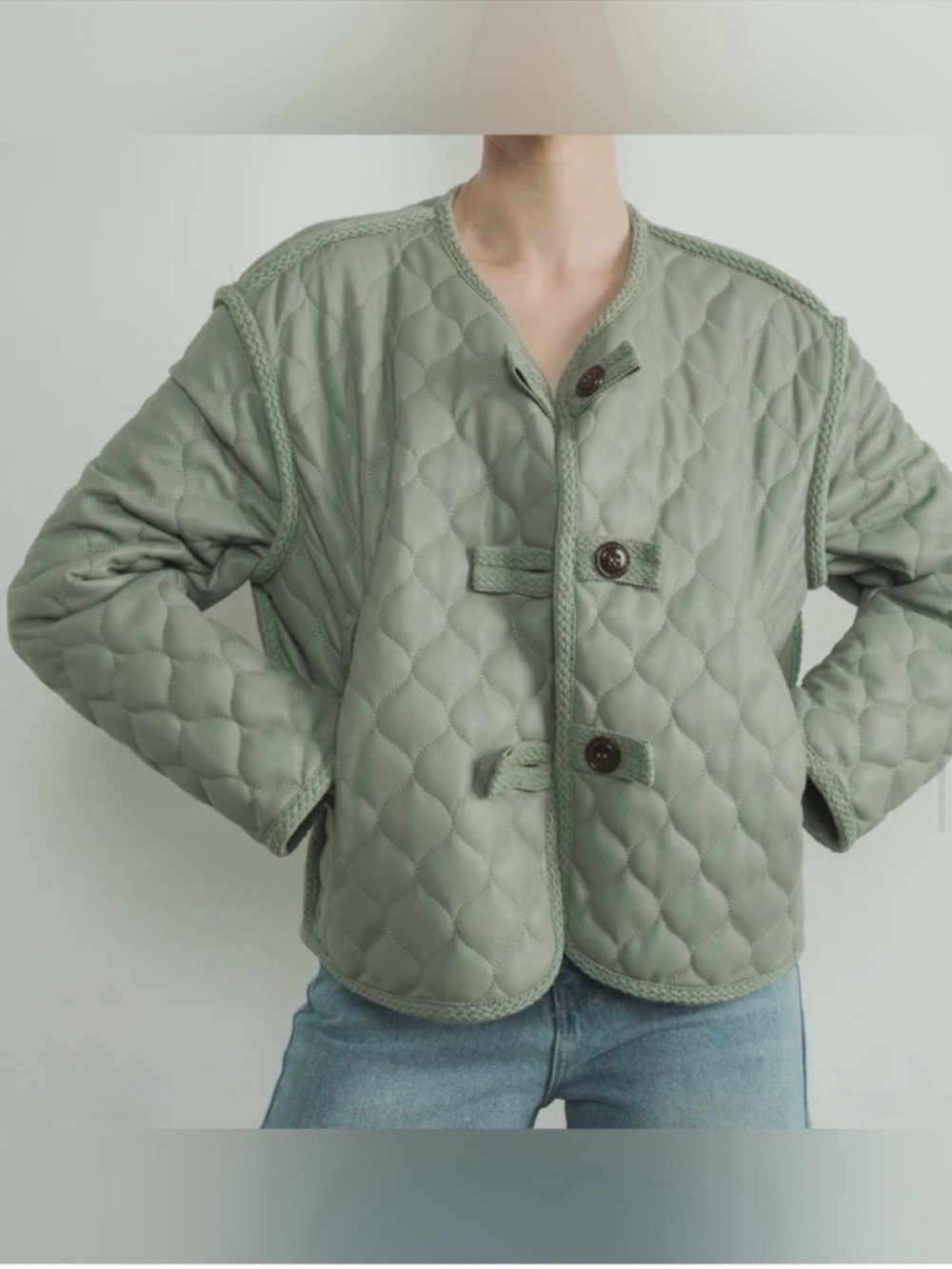 Aaron & Amber Quilted Faux Leather Oversized Collarless Jacket Green Small